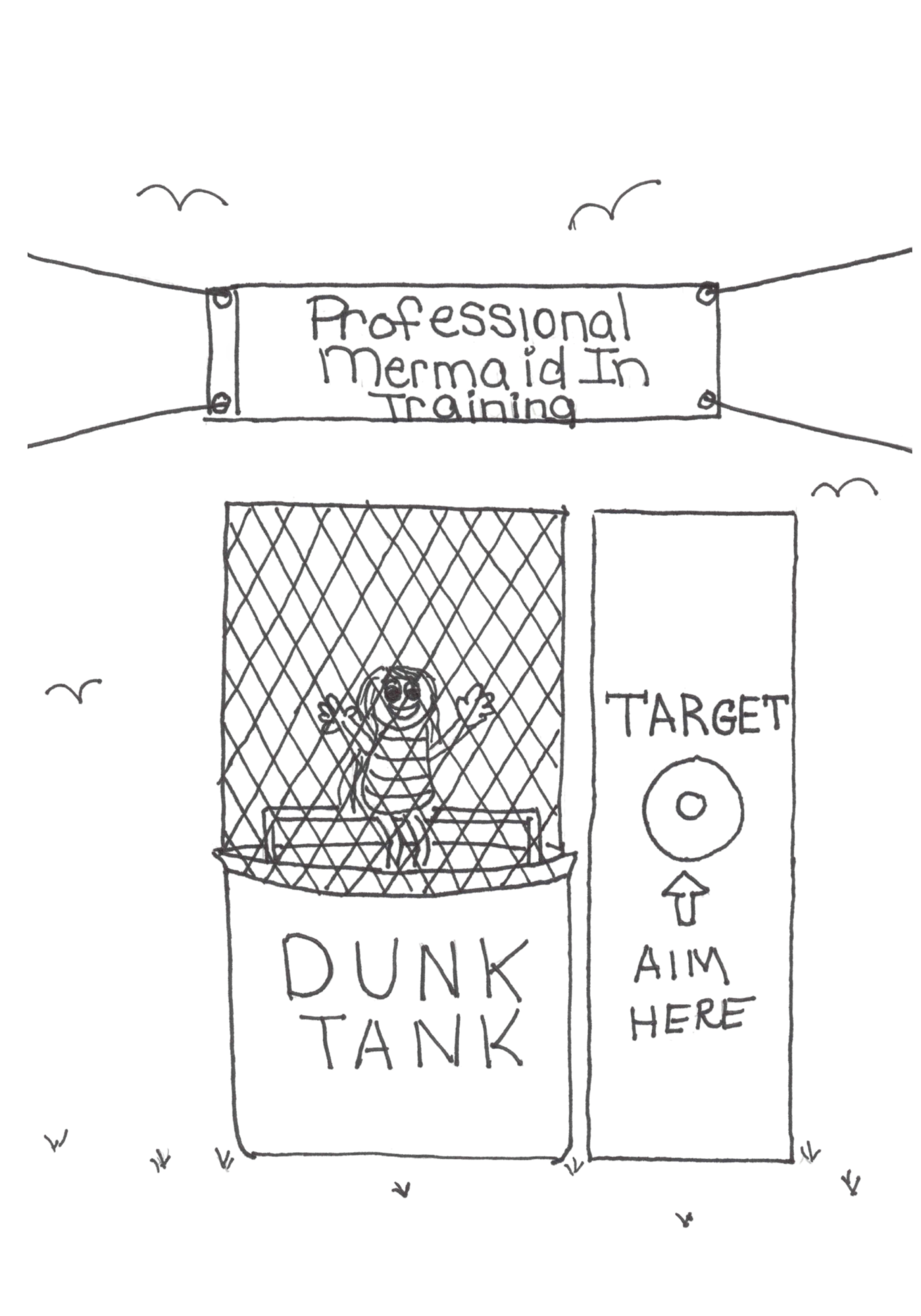 Cartoon of a dunk tank with 'Professional Mermaid In Training' banner and target.
