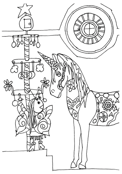 Coloring page of a unicorn with decorative elements and a star.
