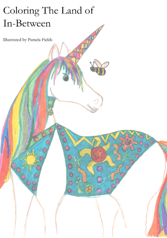 Book cover of 'Coloring The Land of In-Between' with a colorful unicorn illustration.